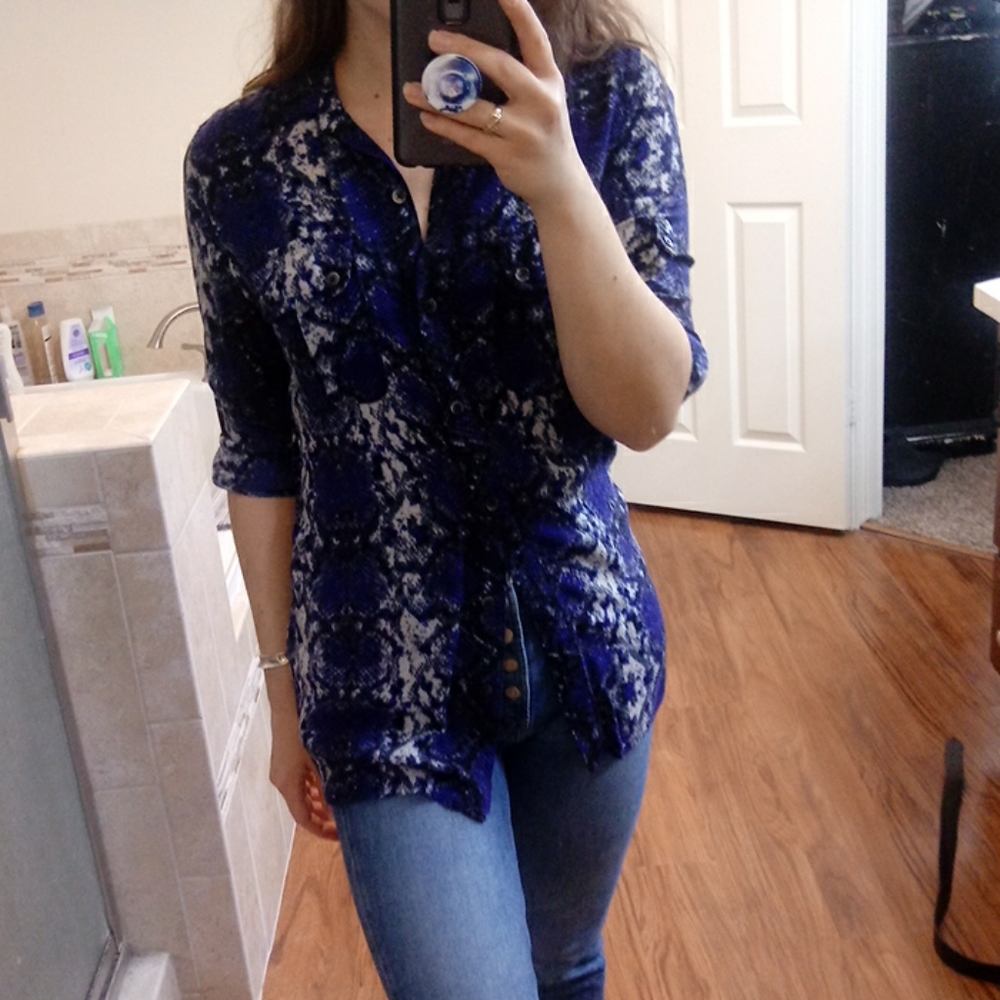 Blue snake print button down shirt size small